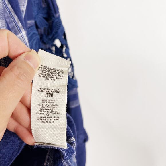 Free People S Navy Blue Darling Diana Lace Top Plaid Long Sleeve Blouse Keyhole - Picture 10 of 12